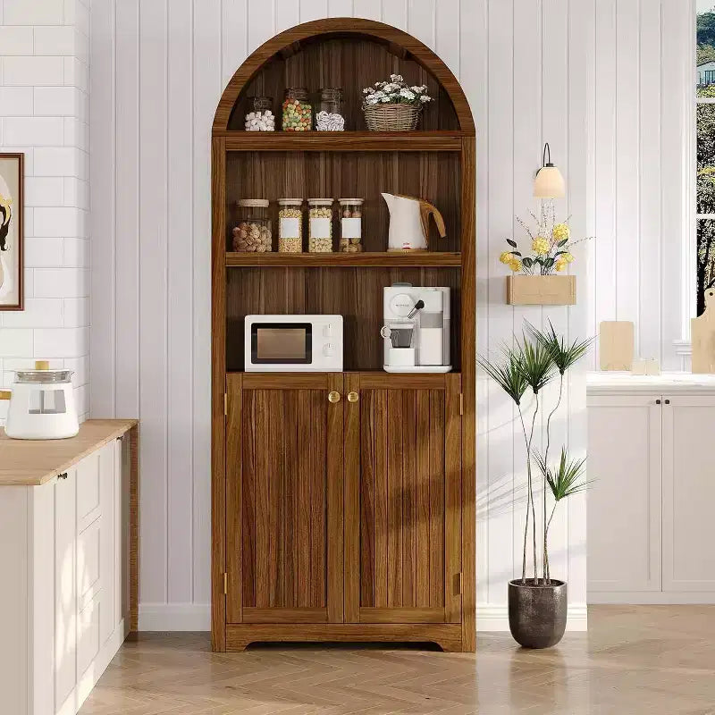 72 Tall Arched Cabinet, 5 Tier Arched Bookshelf with Double Doors & Adjustable Shelf, Wooden Bookcase with Storage for Home Office