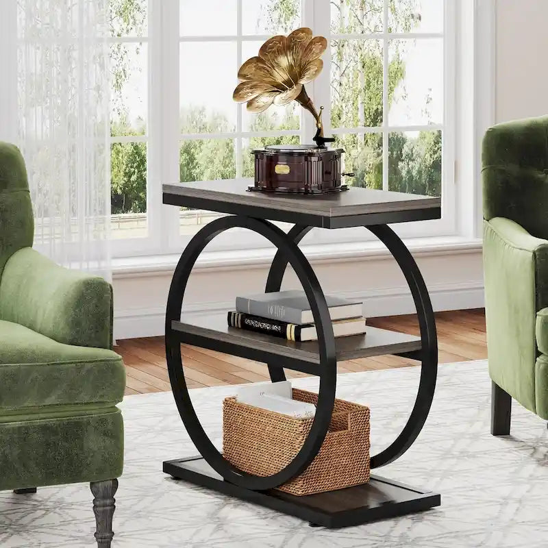 Narrow End Table with 3 Storage Shelves, Wood Side Table for Living Room