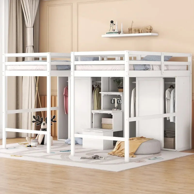 Double Twin Loft Beds with Wardrobes and Staircase