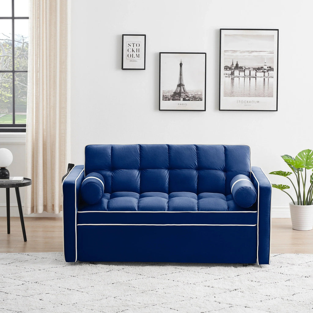 Velvet Convertible 55 2-Seater Sleeper Sofa with Pull-Out Bed, Adjustable Recline, Side Pockets, and Phone Holder