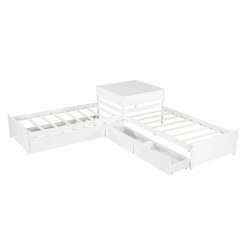 White Modern Twin Size L-shaped Platform Bed with Trundle and Drawers for Bedroom