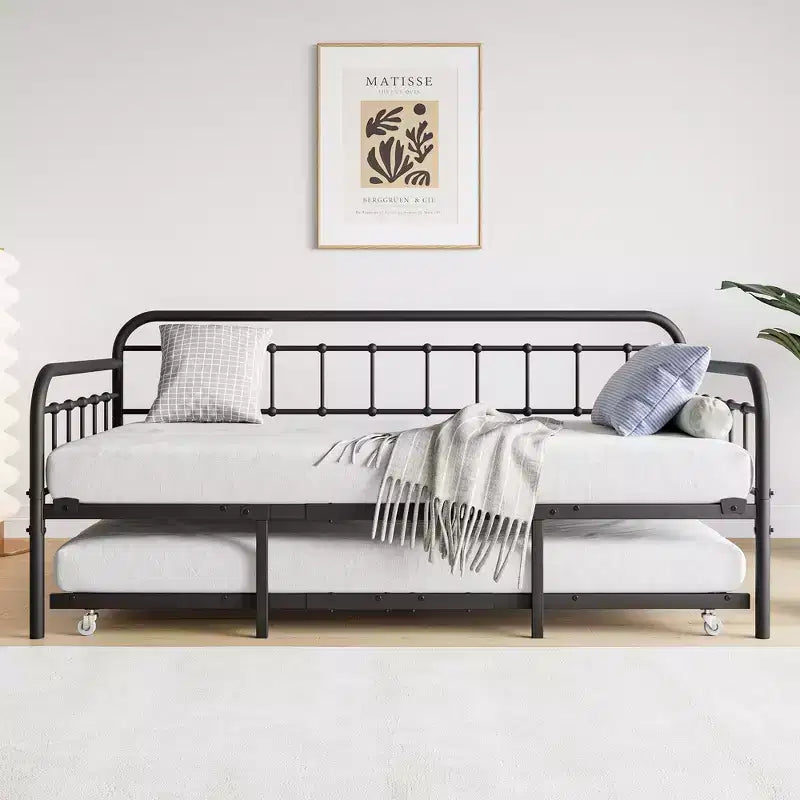 MAYEERTY Twin Size Metal Daybed Frame with Trundle, Heavy Duty Sofa Bed Platform, No Box Spring Needed, Black