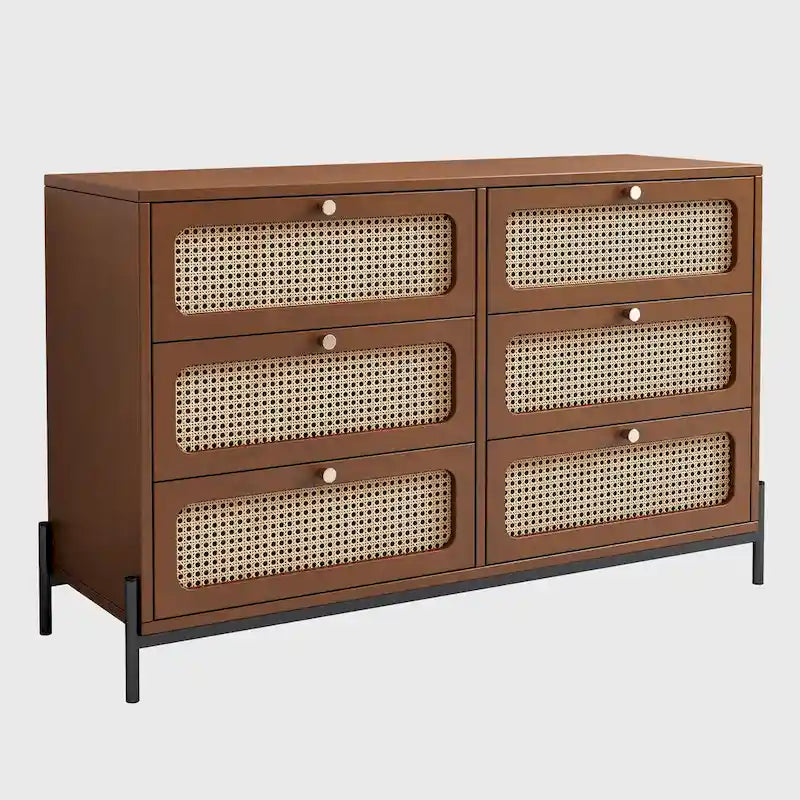 Modern Cannage Rattan Wood Closet 6-Drawer Dresser