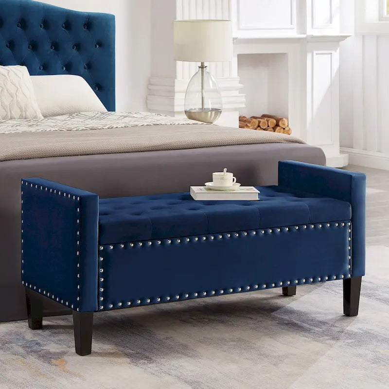 Banc de rangement capitonné avec garniture cloutée, Siège rembourré moelleux avec accoudoirs pour entrée/salon, Banc de bout de lit - Crème