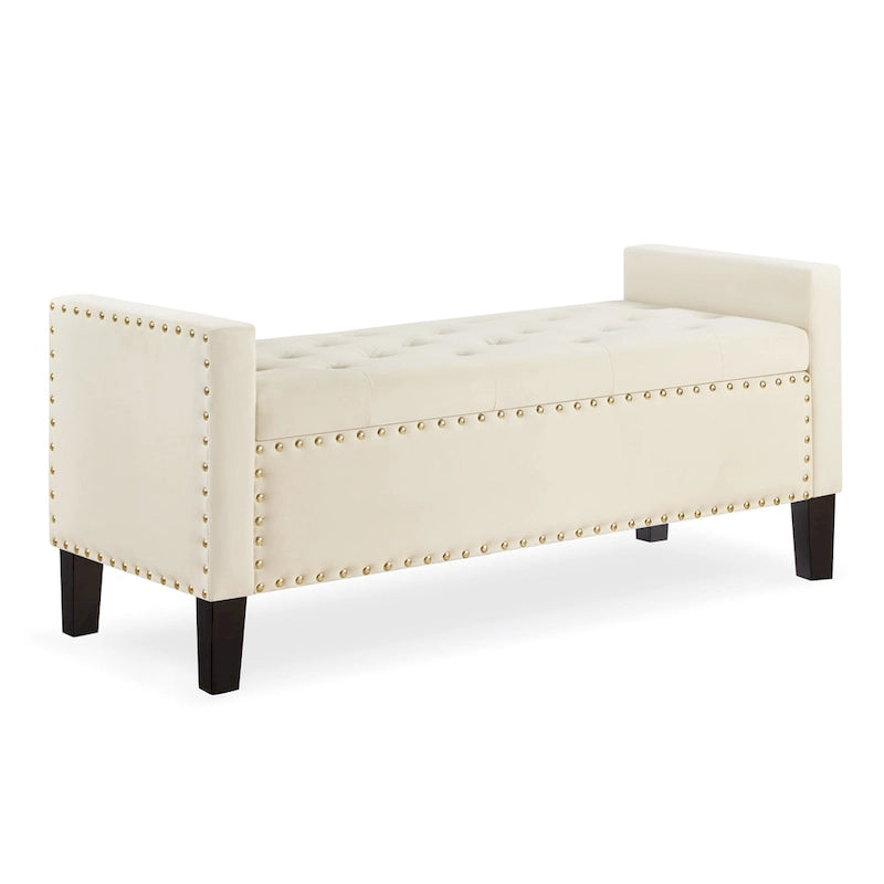 Banc de rangement capitonné avec garniture cloutée, Siège rembourré moelleux avec accoudoirs pour entrée/salon, Banc de bout de lit - Crème