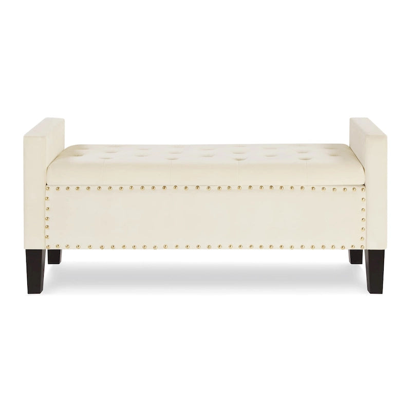 Banc de rangement capitonné avec garniture cloutée, Siège rembourré moelleux avec accoudoirs pour entrée/salon, Banc de bout de lit - Crème