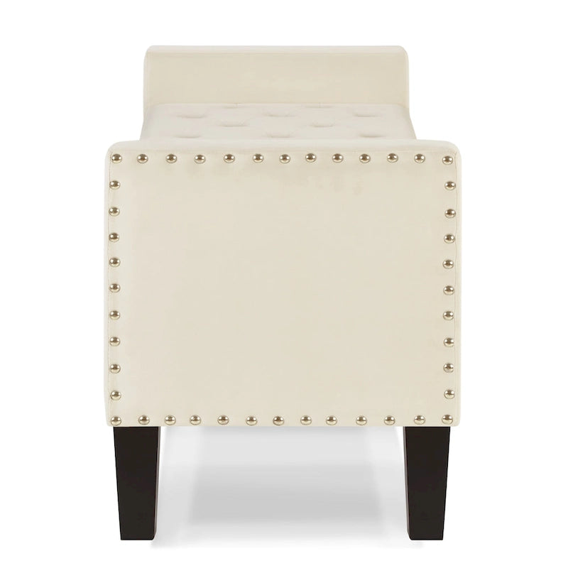 Banc de rangement capitonné avec garniture cloutée, Siège rembourré moelleux avec accoudoirs pour entrée/salon, Banc de bout de lit - Crème