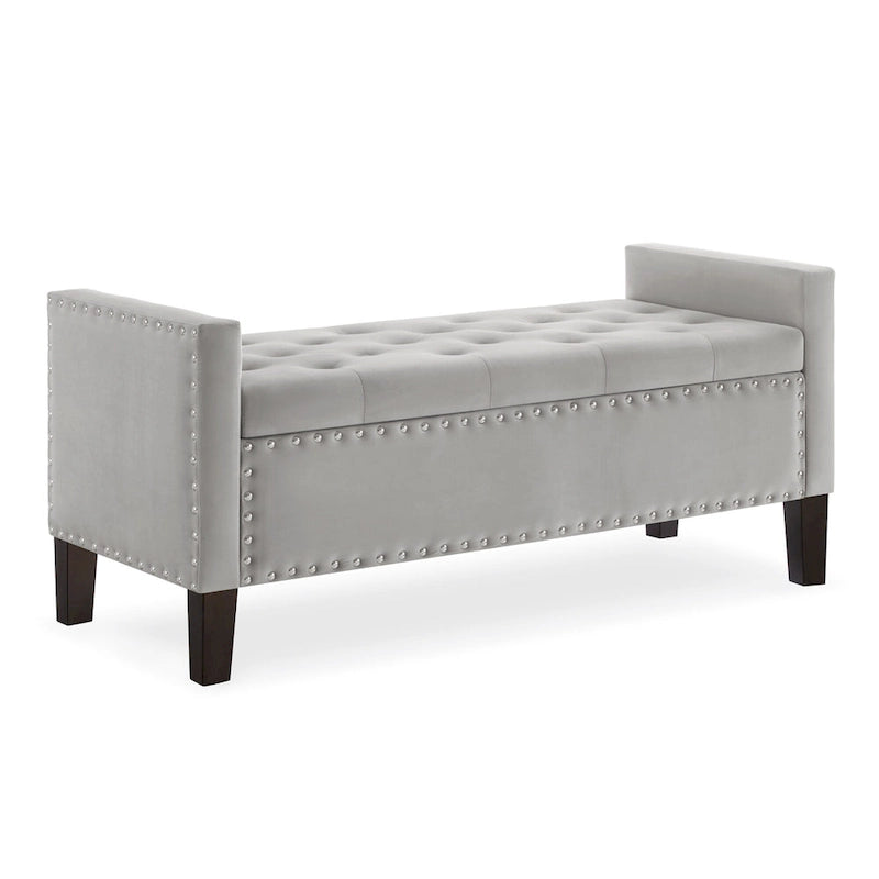 Banc de rangement capitonné avec garniture cloutée, Siège rembourré moelleux avec accoudoirs pour entrée/salon, Banc de bout de lit - Crème