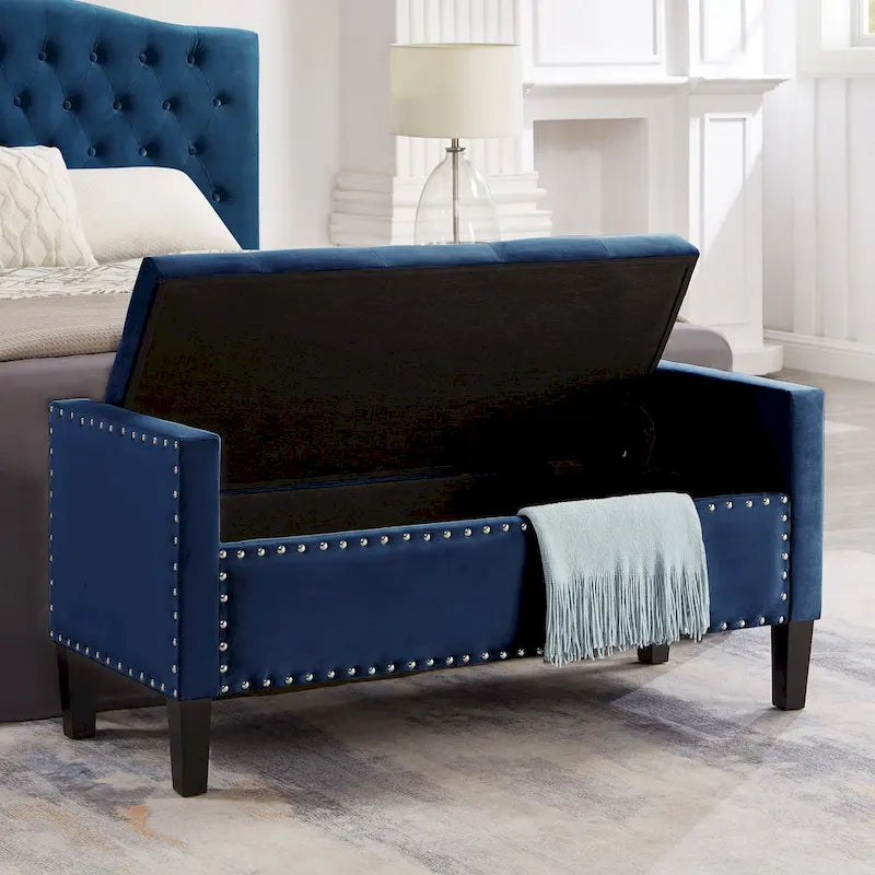 Banc de rangement capitonné avec garniture cloutée, Siège rembourré moelleux avec accoudoirs pour entrée/salon, Banc de bout de lit - Crème