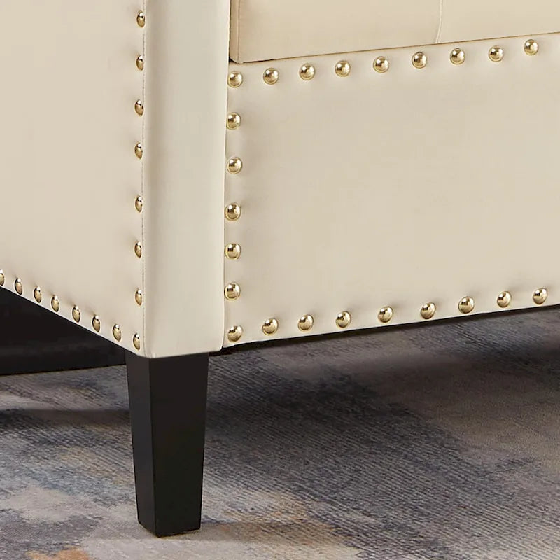 Banc de rangement capitonné avec garniture cloutée, Siège rembourré moelleux avec accoudoirs pour entrée/salon, Banc de bout de lit - Crème