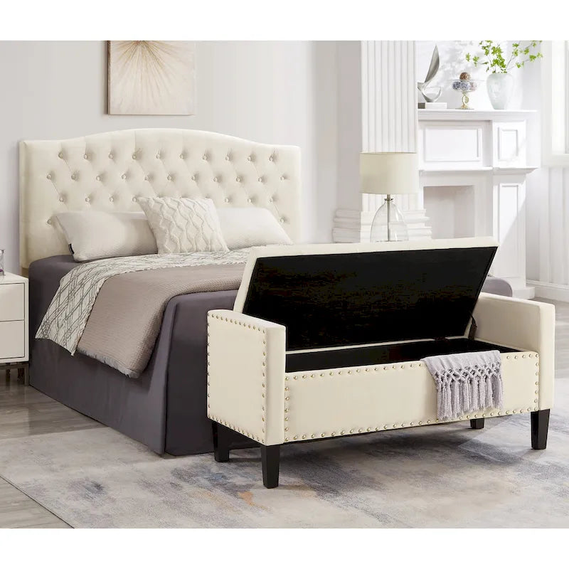 Banc de rangement capitonné avec garniture cloutée, Siège rembourré moelleux avec accoudoirs pour entrée/salon, Banc de bout de lit - Crème