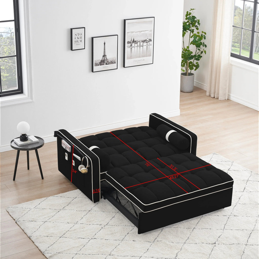 Velvet Convertible 55 2-Seater Sleeper Sofa with Pull-Out Bed, Adjustable Recline, Side Pockets, and Phone Holder