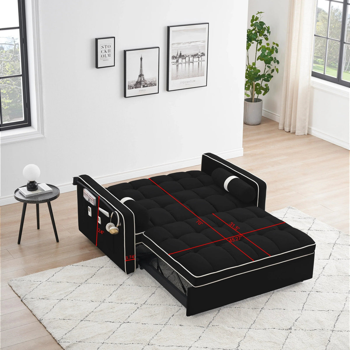 Velvet Convertible 55 2-Seater Sleeper Sofa with Pull-Out Bed, Adjustable Recline, Side Pockets, and Phone Holder