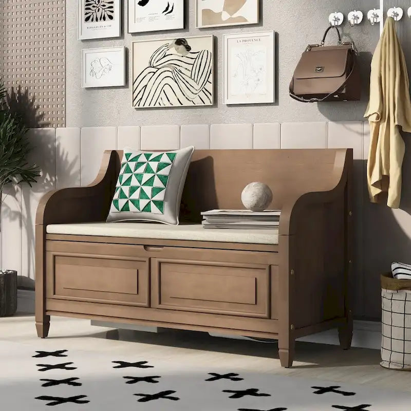 Banc de rangement multifonctionnel en bois massif, style rustique, pour entrée, 42 po