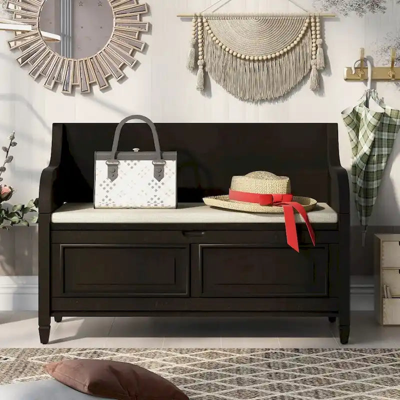 Banc de rangement multifonctionnel en bois massif, style rustique, pour entrée, 42 po