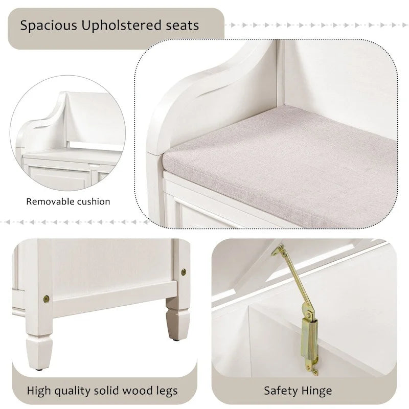 Banc de rangement multifonctionnel en bois massif, style rustique, pour entrée, 42 po