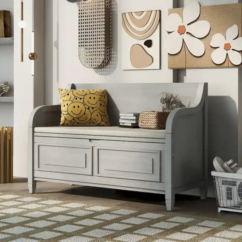 Banc de rangement multifonctionnel en bois massif, style rustique, pour entrée, 42 po