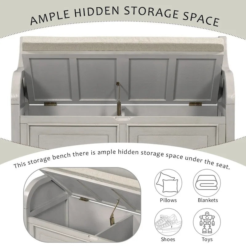 Banc de rangement multifonctionnel en bois massif, style rustique, pour entrée, 42 po