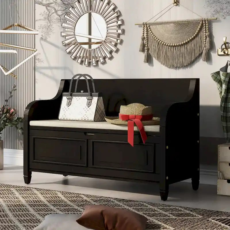 Banc de rangement multifonctionnel en bois massif, style rustique, pour entrée, 42 po