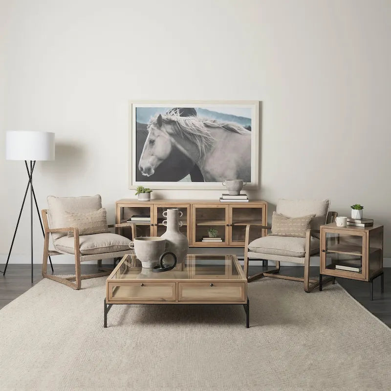 Vaisselier avec meuble bas à 4 portes vitrées en bois clair avec piètement en métal noir - 70,0L x 18,0l x 32,0H