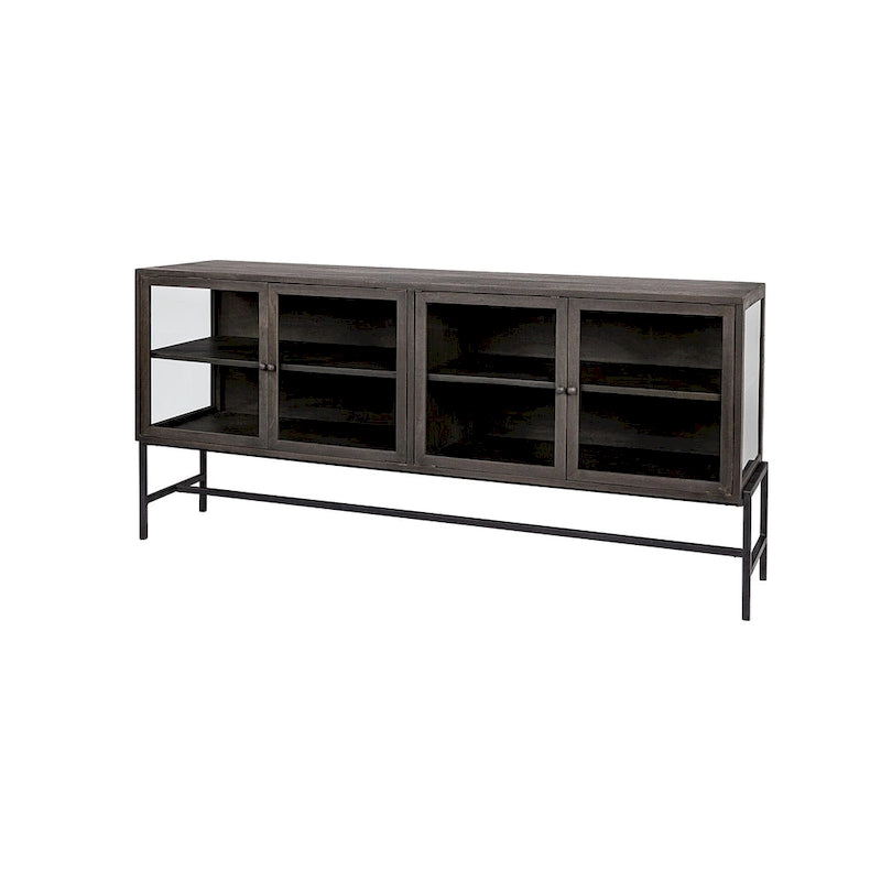 Vaisselier avec meuble bas à 4 portes vitrées en bois clair avec piètement en métal noir - 70,0L x 18,0l x 32,0H