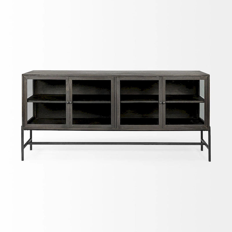 Vaisselier avec meuble bas à 4 portes vitrées en bois clair avec piètement en métal noir - 70,0L x 18,0l x 32,0H