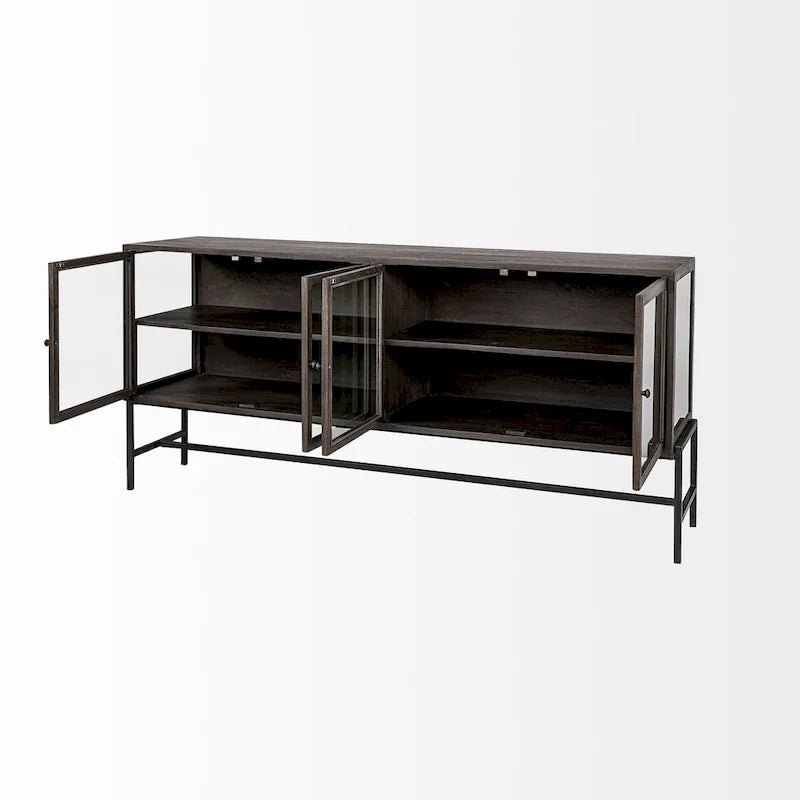 Vaisselier avec meuble bas à 4 portes vitrées en bois clair avec piètement en métal noir - 70,0L x 18,0l x 32,0H