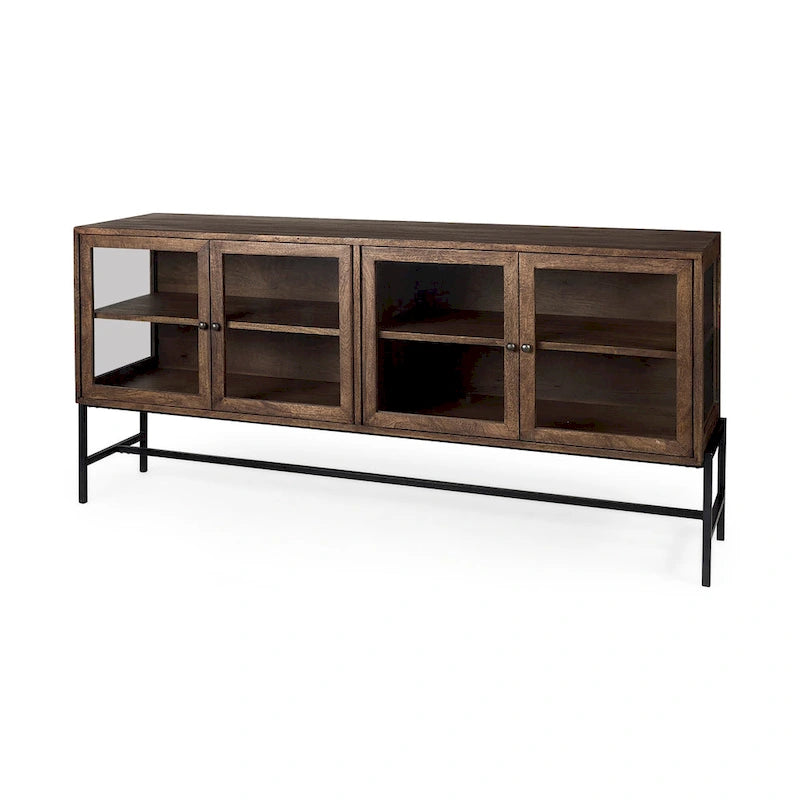 Vaisselier avec meuble bas à 4 portes vitrées en bois clair avec piètement en métal noir - 70,0L x 18,0l x 32,0H