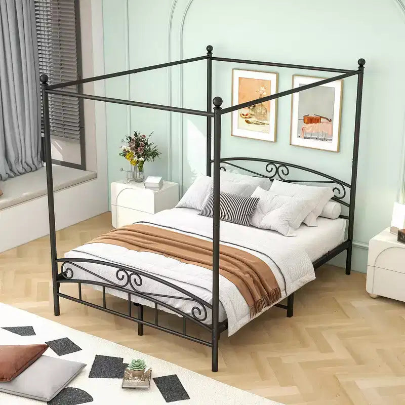 Queen Size Canopy Metal Bed Frame with Vintage Headboard and 12.4 Under-Bed Storage