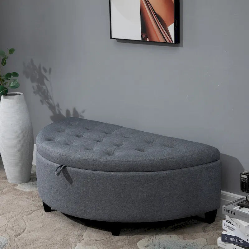 Banquette-coffre ottomane moderne de luxe en forme de demi-cercle avec pieds, couvercle relevable, rembourrage en éponge épaisse, idéale comme banc