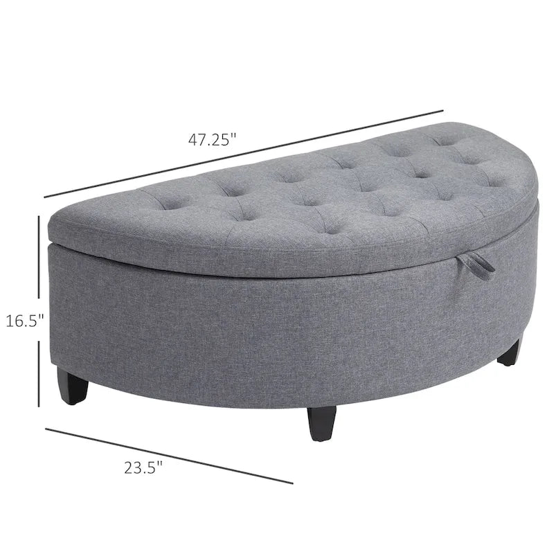 Banquette-coffre ottomane moderne de luxe en forme de demi-cercle avec pieds, couvercle relevable, rembourrage en éponge épaisse, idéale comme banc