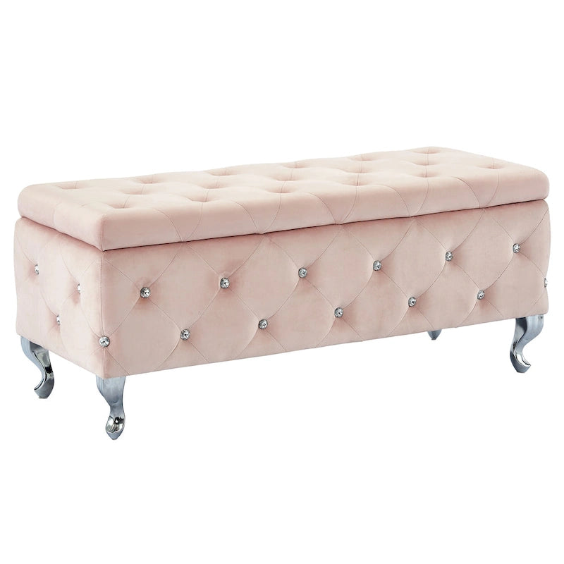 Banc de rangement en velours avec cristaux, rose poudré