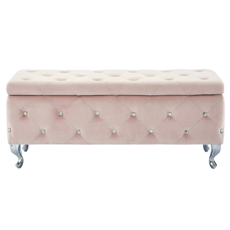 Banc de rangement en velours avec cristaux, rose poudré