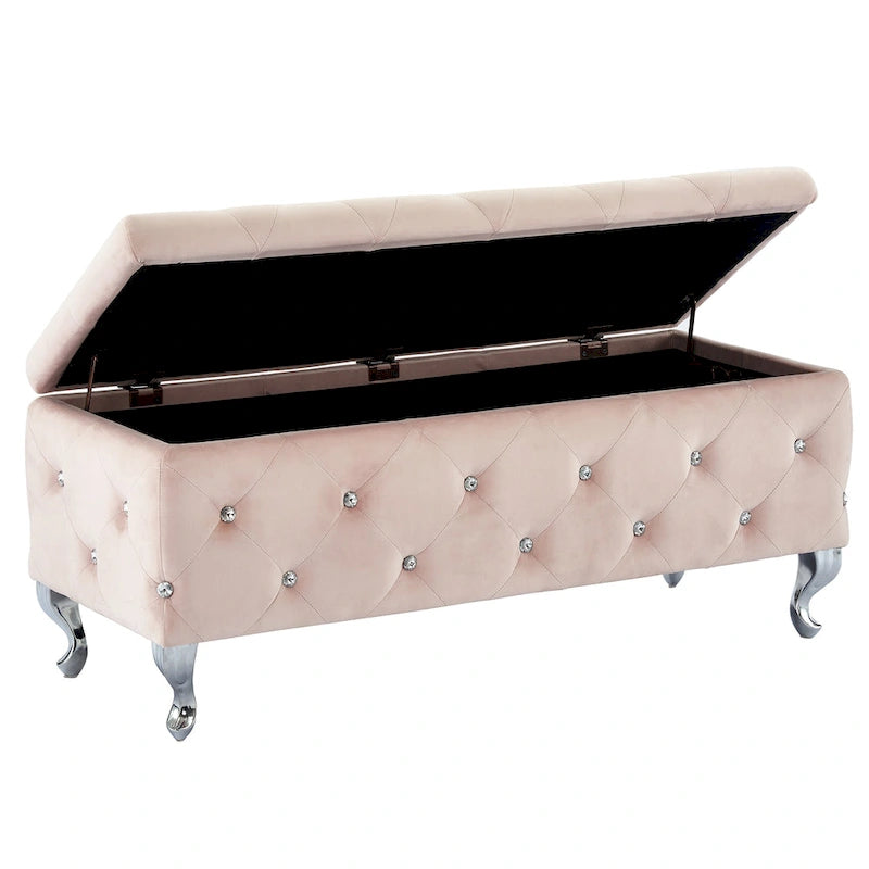 Banc de rangement en velours avec cristaux, rose poudré
