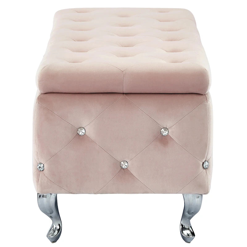 Banc de rangement en velours avec cristaux, rose poudré