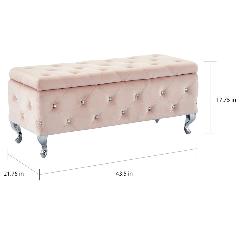 Banc de rangement en velours avec cristaux, rose poudré