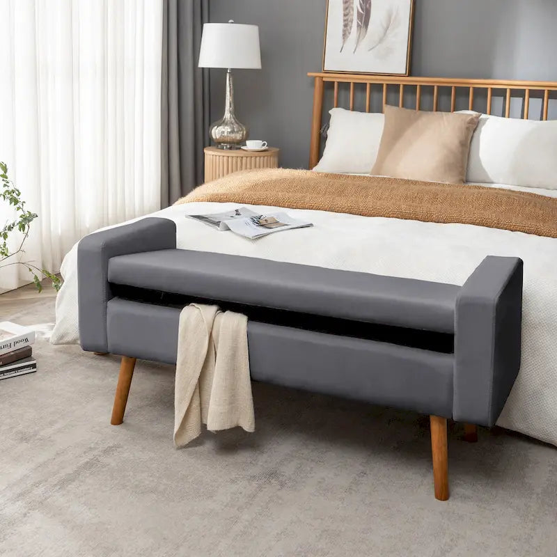 Banc de rangement en velours avec pieds en hévéa