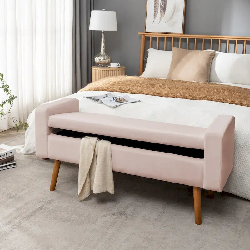 Banc de rangement en velours avec pieds en hévéa