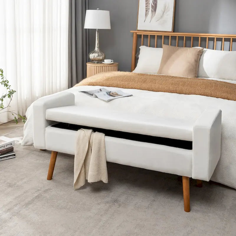Banc de rangement en velours avec pieds en hévéa