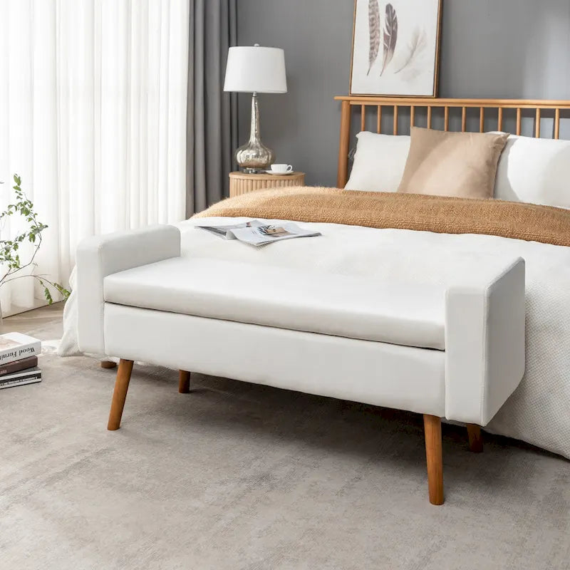 Banc de rangement en velours avec pieds en hévéa