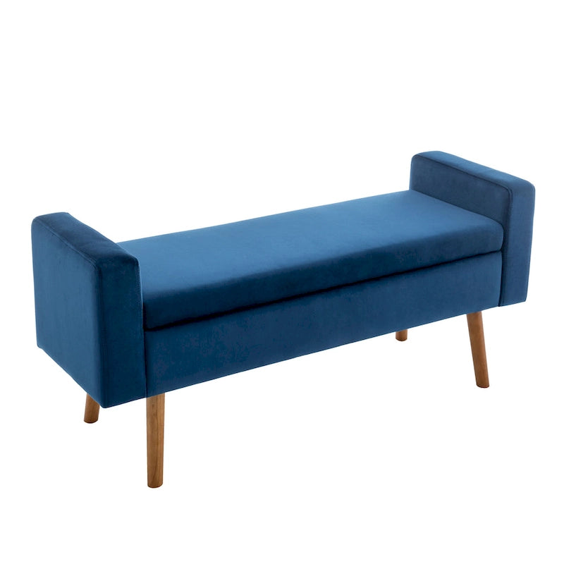 Banc de rangement en velours avec pieds en hévéa