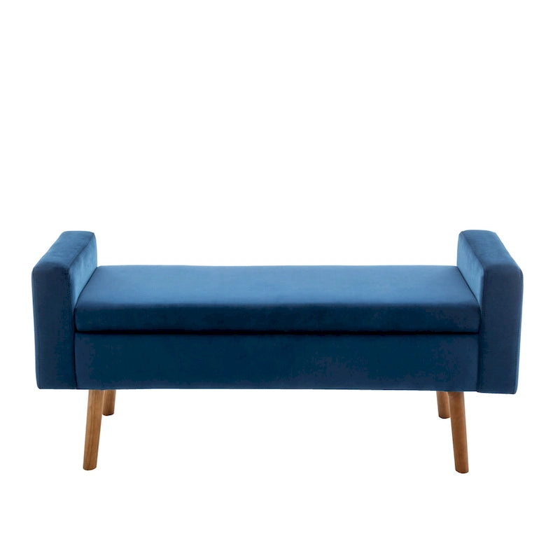 Banc de rangement en velours avec pieds en hévéa