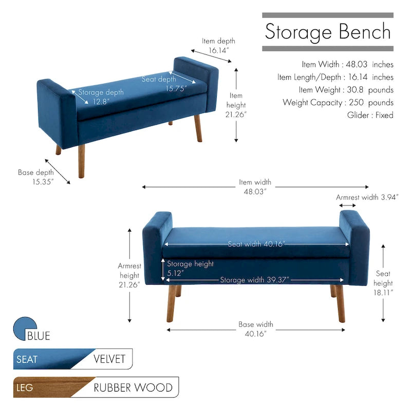 Banc de rangement en velours avec pieds en hévéa