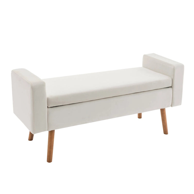 Banc de rangement en velours avec pieds en hévéa