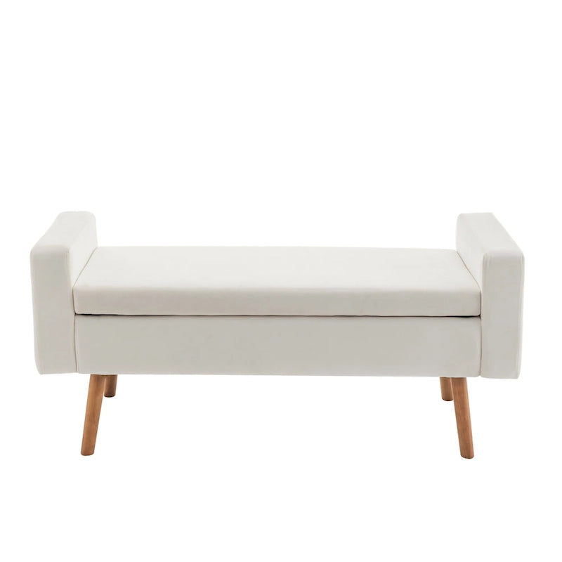 Banc de rangement en velours avec pieds en hévéa