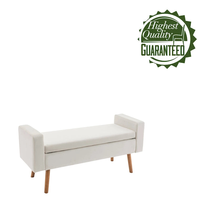 Banc de rangement en velours avec pieds en hévéa