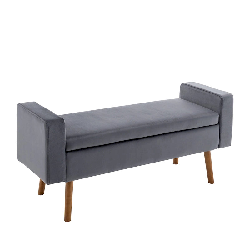 Banc de rangement en velours avec pieds en hévéa