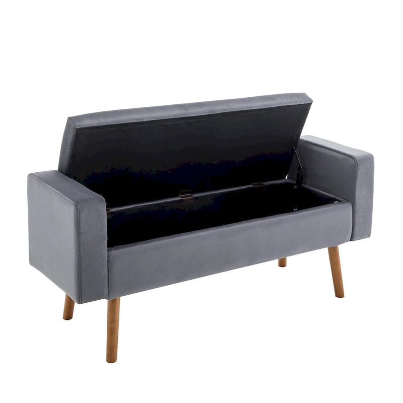 Banc de rangement en velours avec pieds en hévéa