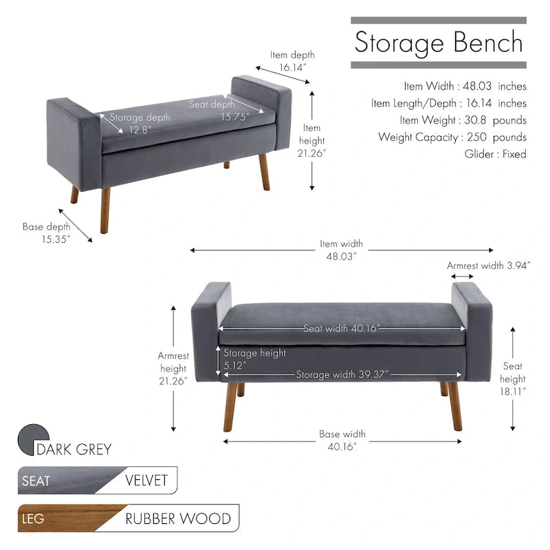 Banc de rangement en velours avec pieds en hévéa