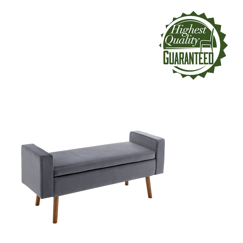 Banc de rangement en velours avec pieds en hévéa